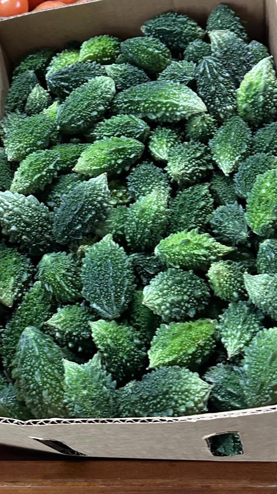 A box full of small, bumpy green bitter gourds